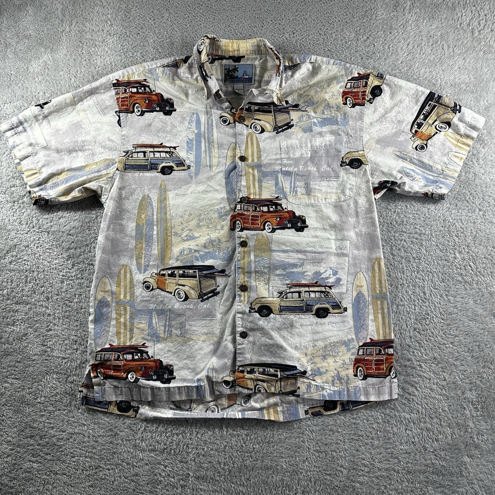 Aftco Hawaiian Shirt Mens Large AOP Vintage‎ Cars Blue Water Santa Monica Surf